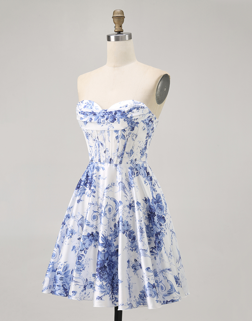 White Blue Flower A Line Short Corset Homecoming Dress