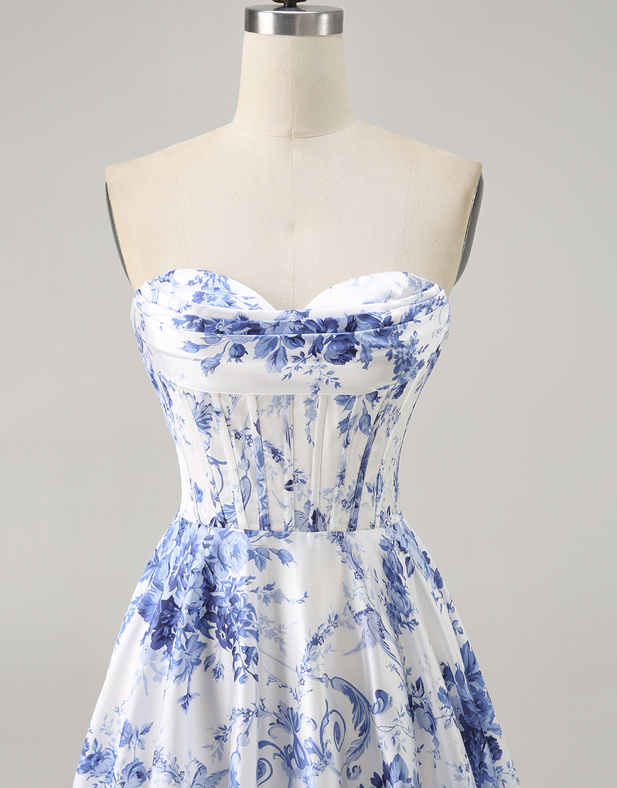 White Blue Flower A Line Short Corset Homecoming Dress