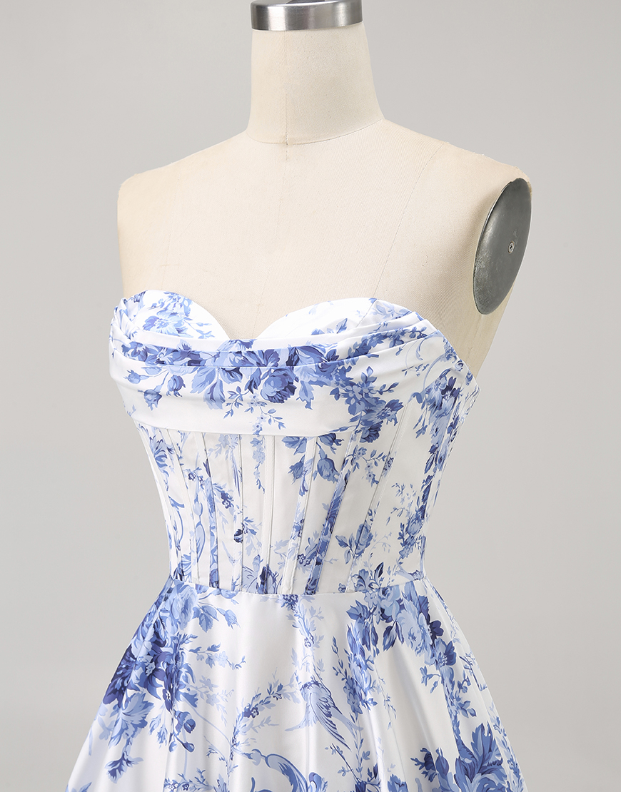 White Blue Flower A Line Short Corset Homecoming Dress