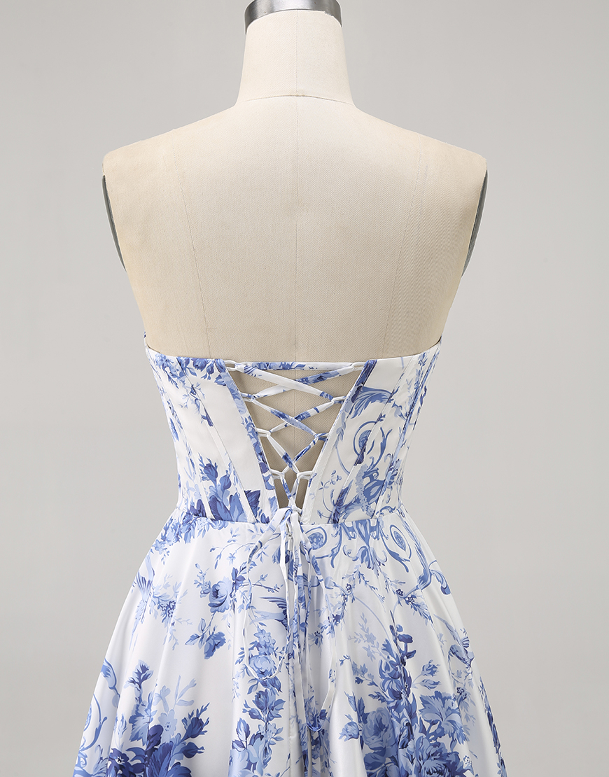 White Blue Flower A Line Short Corset Homecoming Dress