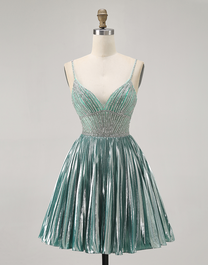 Sparkly Green A Line Metallic Short Homecoming Dress with Beading