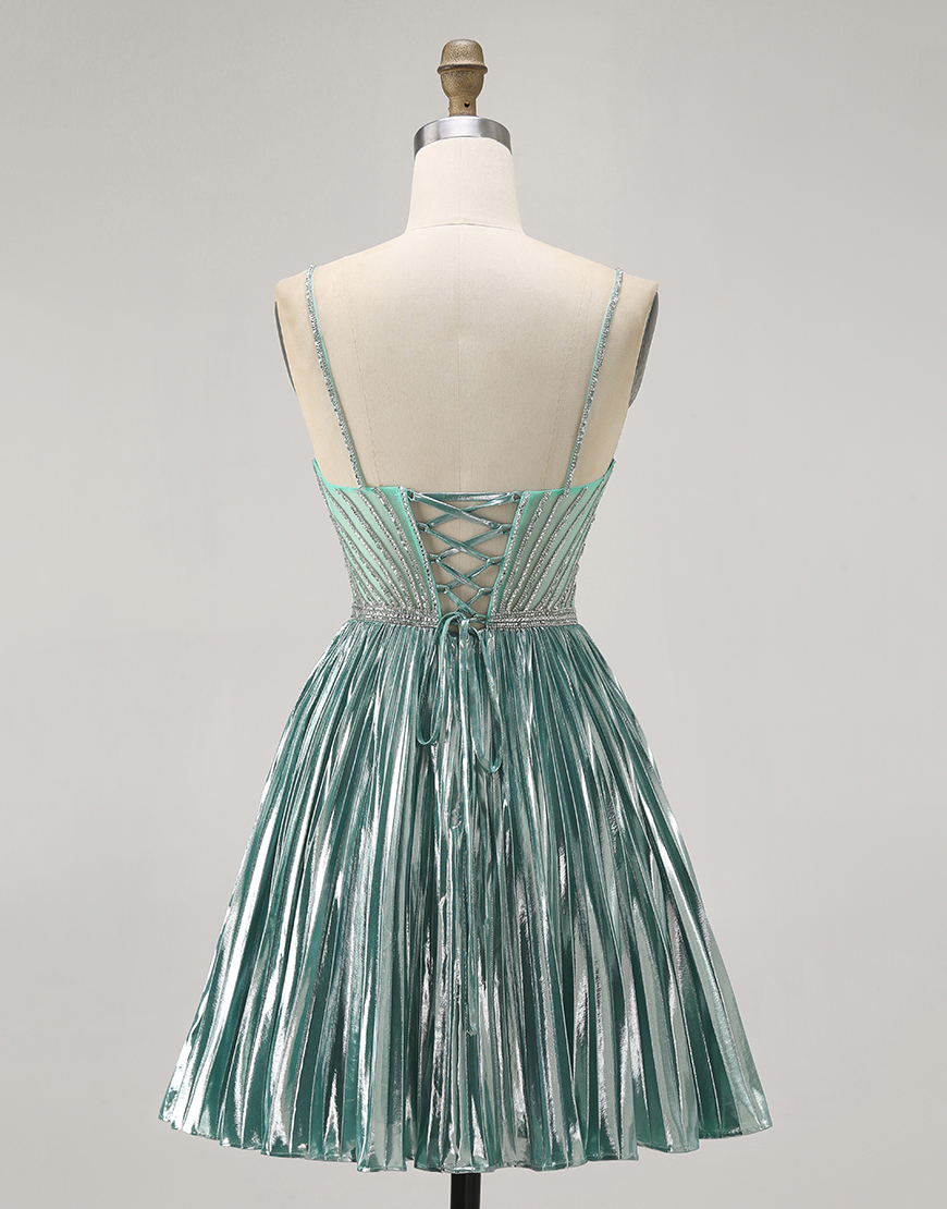 Sparkly Green A Line Metallic Short Homecoming Dress with Beading