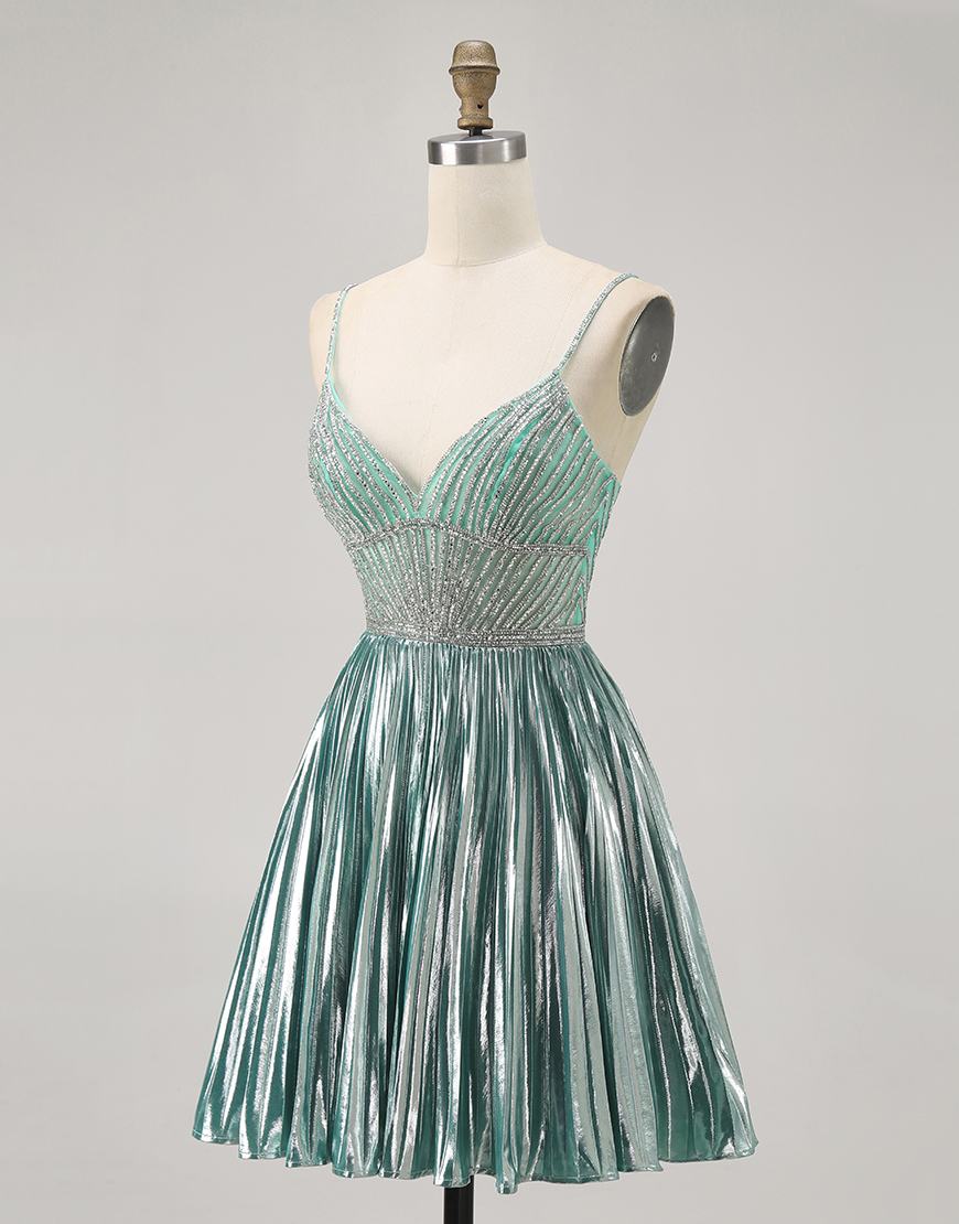 Sparkly Green A Line Metallic Short Homecoming Dress with Beading