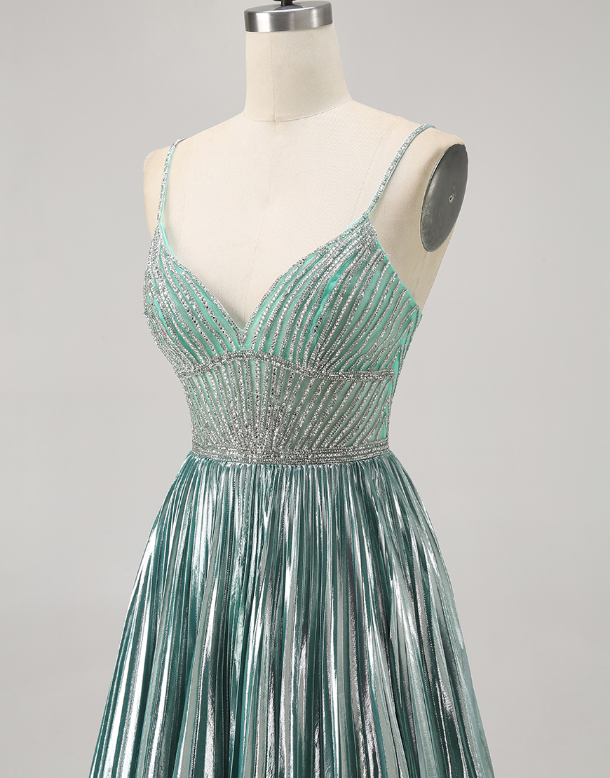 Sparkly Green A Line Metallic Short Homecoming Dress with Beading
