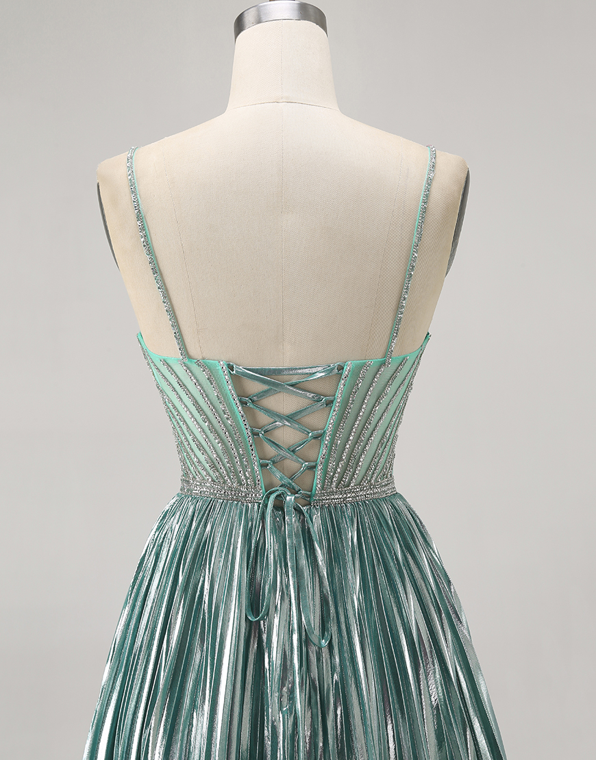 Sparkly Green A Line Metallic Short Homecoming Dress with Beading