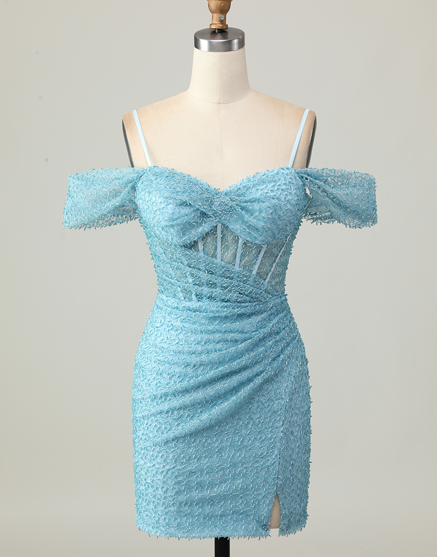Sparkly Blue Tight Cold Shoulder Short Corset Homecoming Dress with Slit