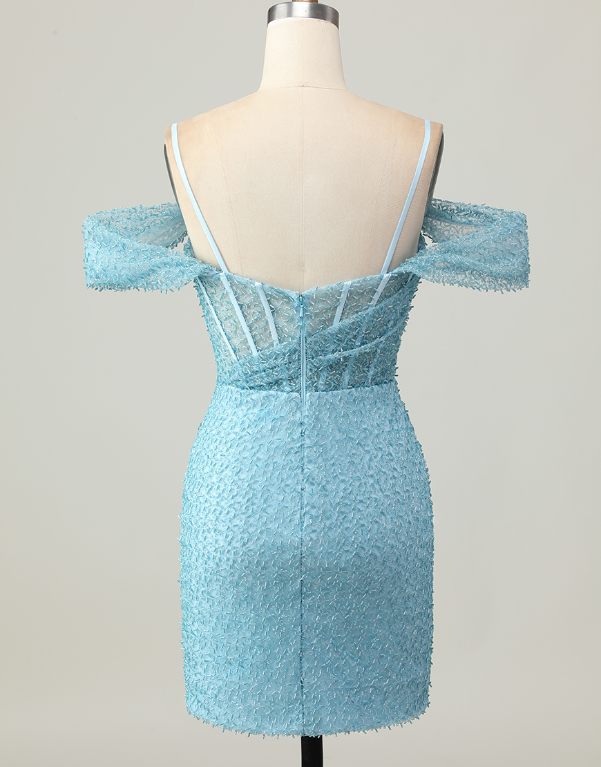 Sparkly Blue Tight Cold Shoulder Short Corset Homecoming Dress with Slit