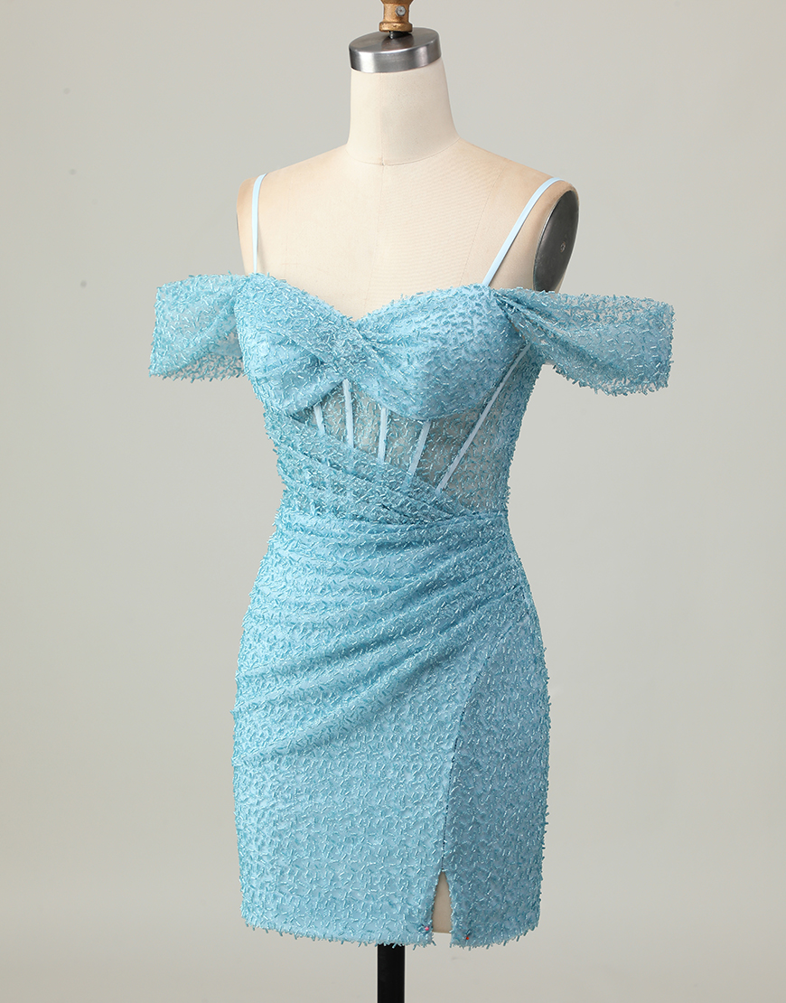 Sparkly Blue Tight Cold Shoulder Short Corset Homecoming Dress with Slit