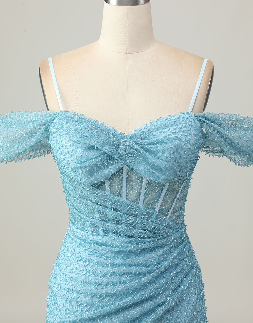 Sparkly Blue Tight Cold Shoulder Short Corset Homecoming Dress with Slit