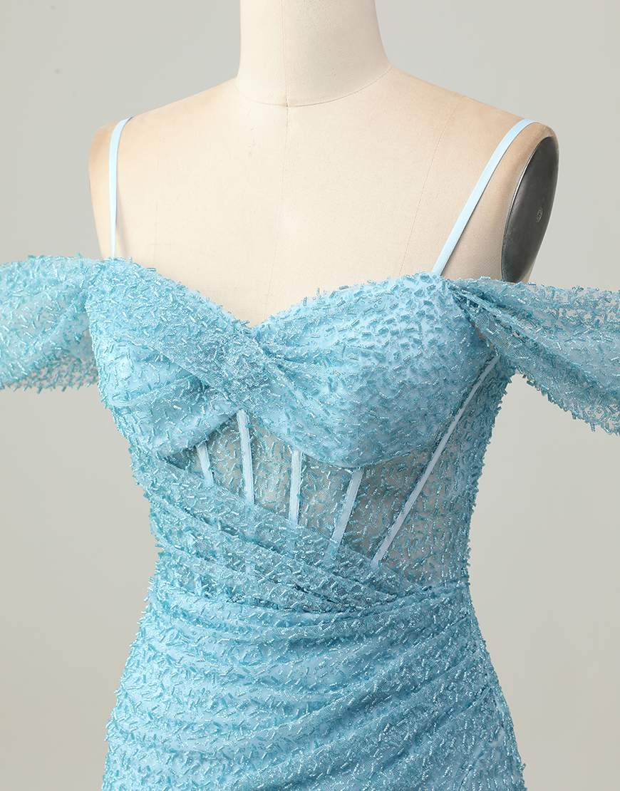 Sparkly Blue Tight Cold Shoulder Short Corset Homecoming Dress with Slit