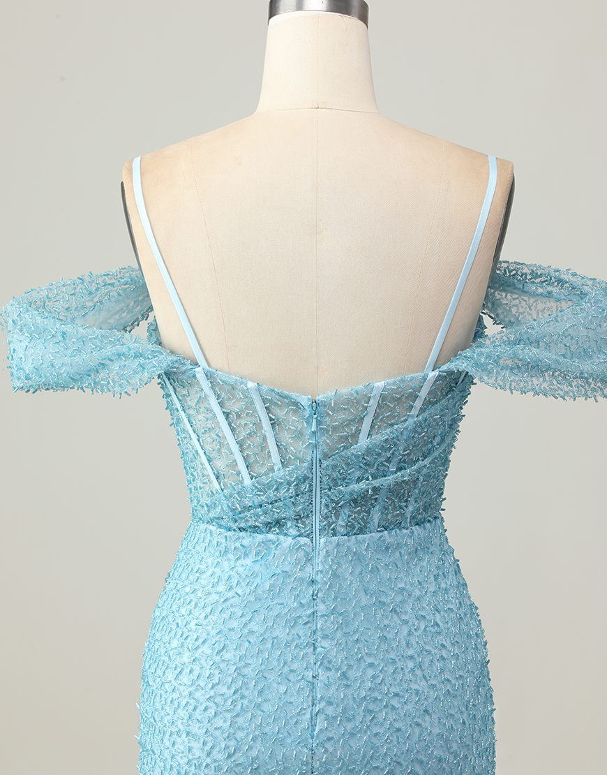 Sparkly Blue Tight Cold Shoulder Short Corset Homecoming Dress with Slit