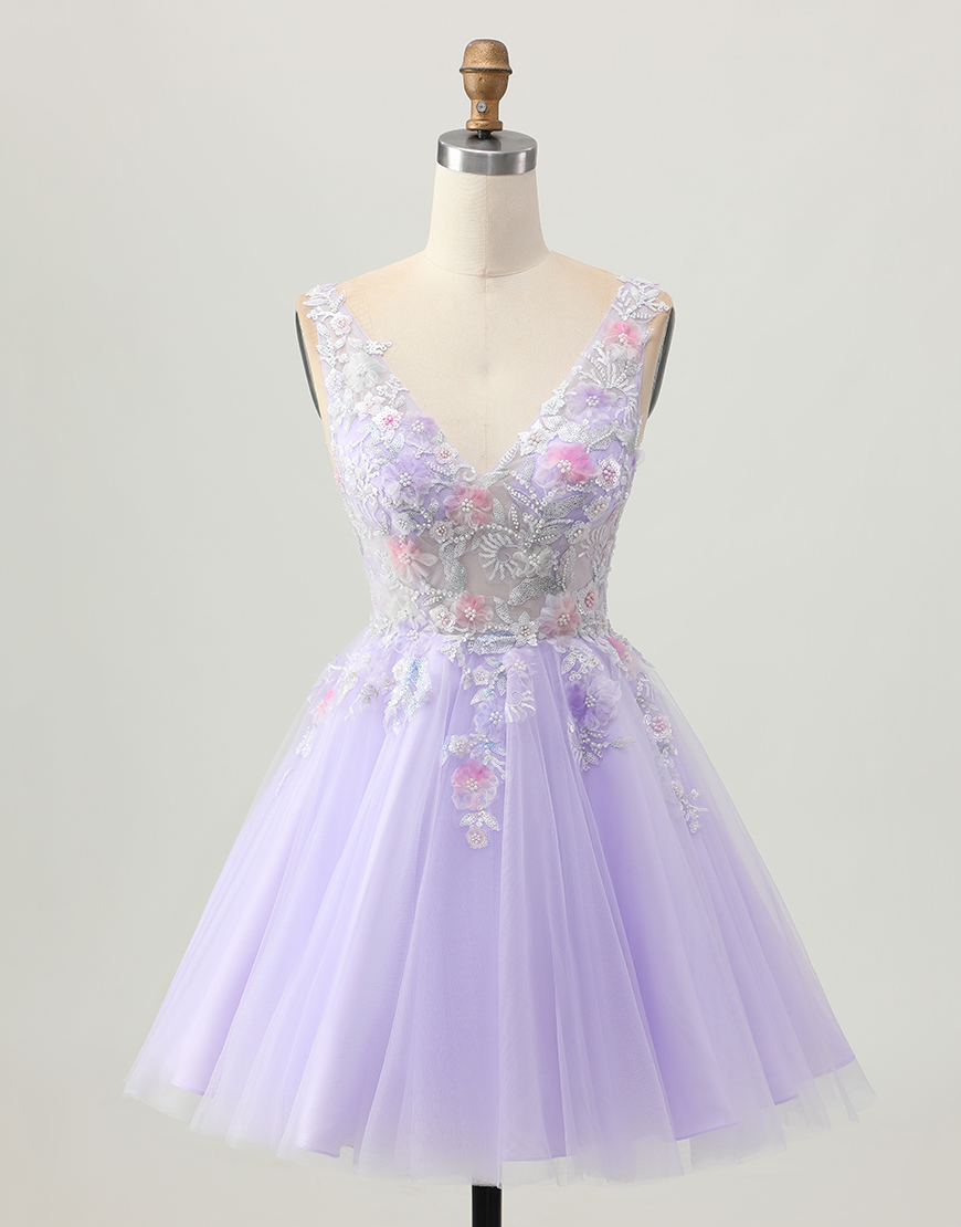 Sparkly Lilac V-Neck Tulle Floral Short Homecoming Dress with Beading