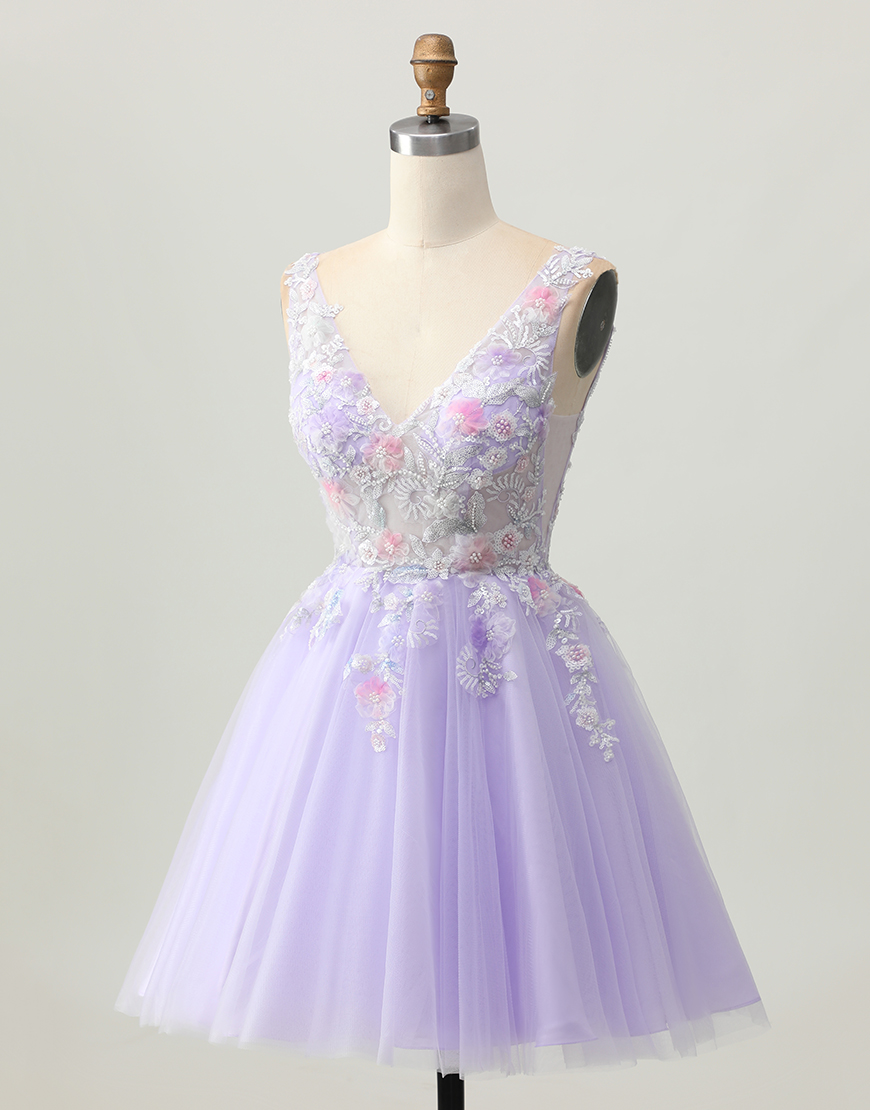 Sparkly Lilac V-Neck Tulle Floral Short Homecoming Dress with Beading