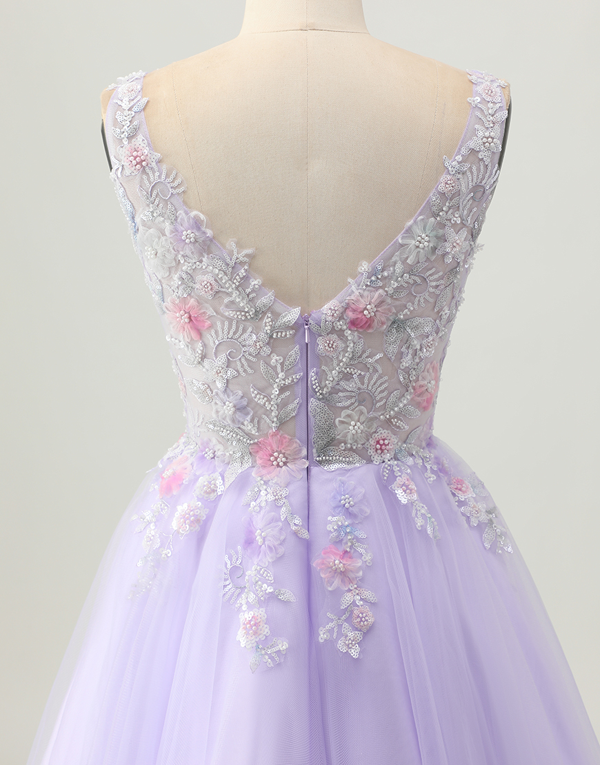 Sparkly Lilac V-Neck Tulle Floral Short Homecoming Dress with Beading