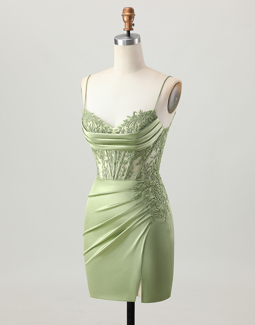 Sage Green Satin Spagheeti Straps Tight Short Corset Homecoming Dress