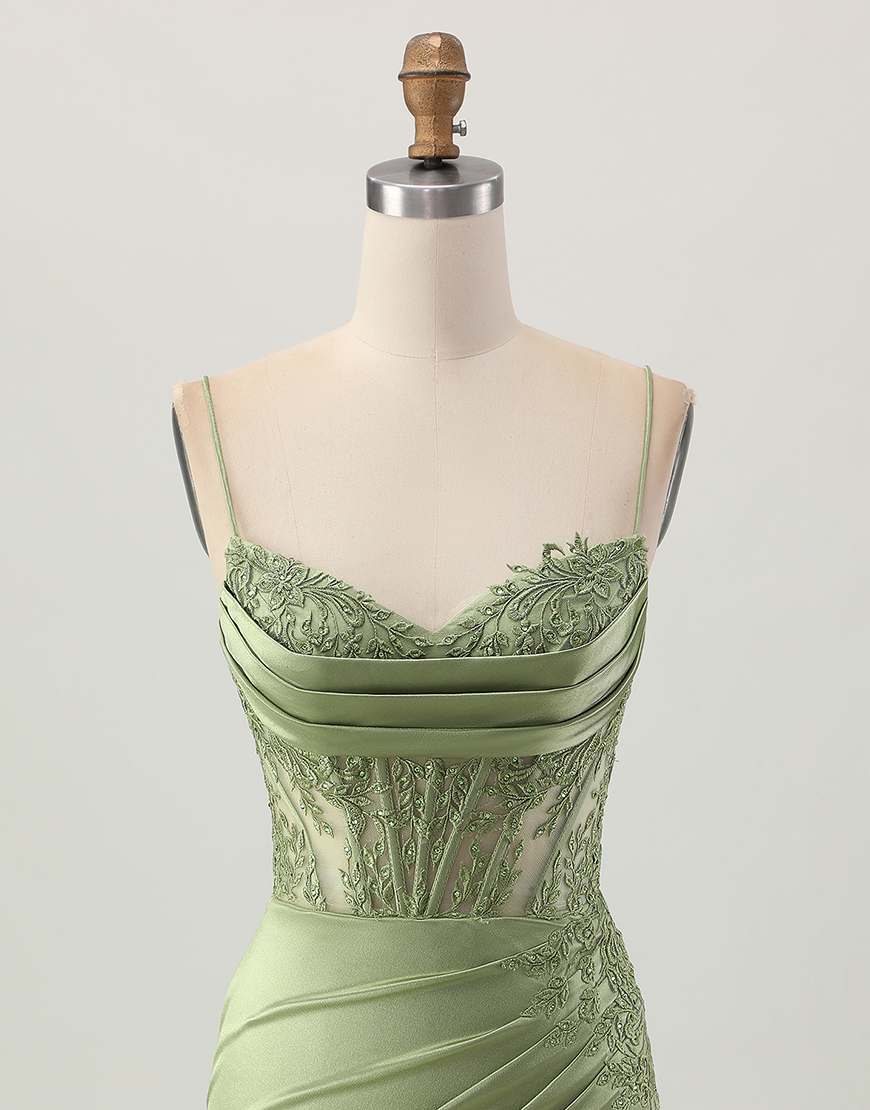 Sage Green Satin Spagheeti Straps Tight Short Corset Homecoming Dress