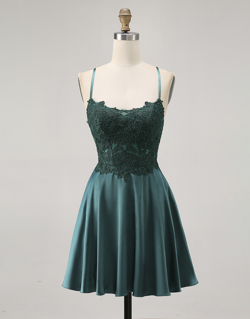 Dark Green Spaghetti Straps Satin Short Homecoming Dress with Appliques