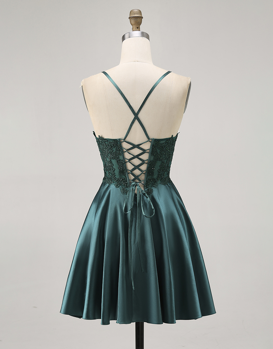 Dark Green Spaghetti Straps Satin Short Homecoming Dress with Appliques