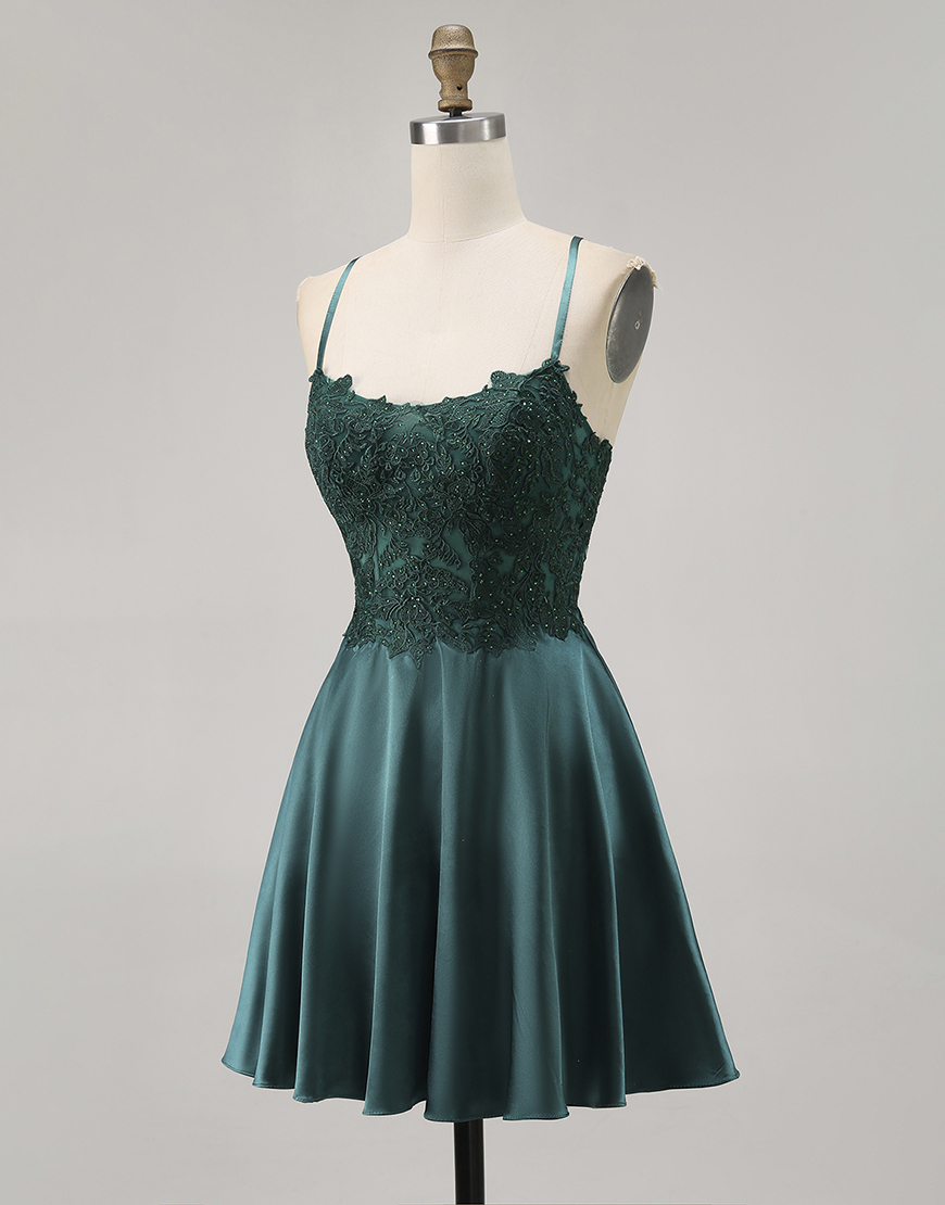 Dark Green Spaghetti Straps Satin Short Homecoming Dress with Appliques