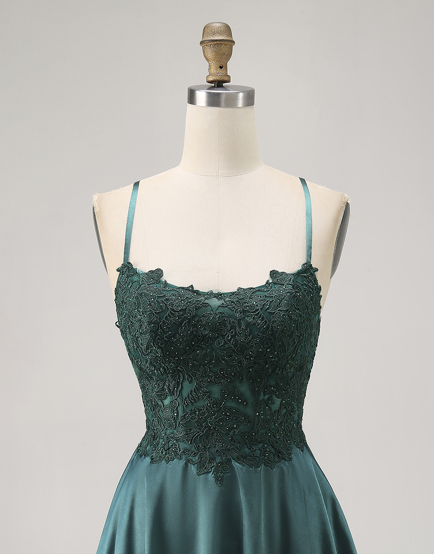 Dark Green Spaghetti Straps Satin Short Homecoming Dress with Appliques