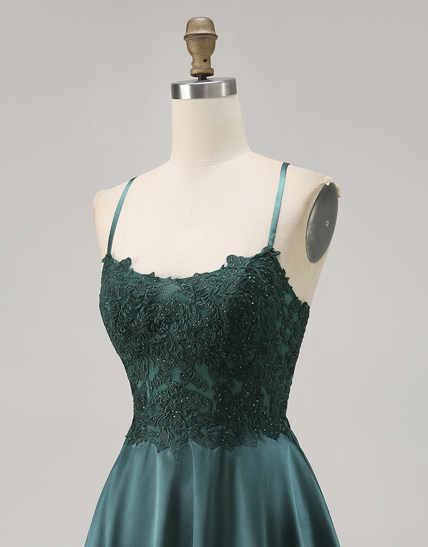 Dark Green Spaghetti Straps Satin Short Homecoming Dress with Appliques