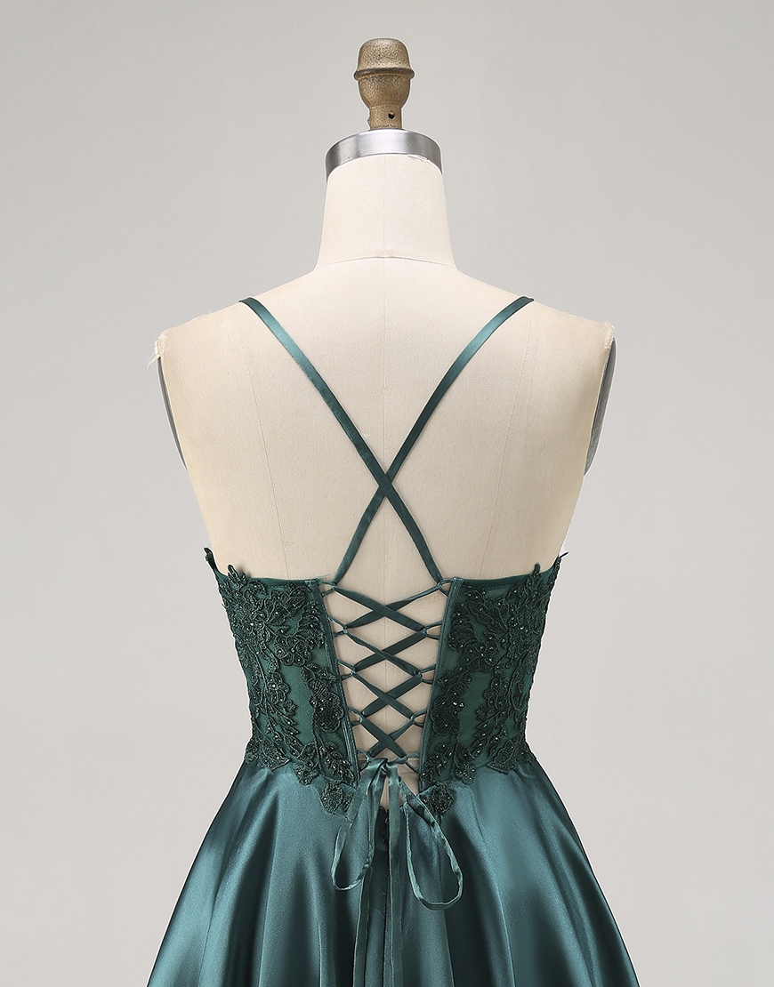 Dark Green Spaghetti Straps Satin Short Homecoming Dress with Appliques