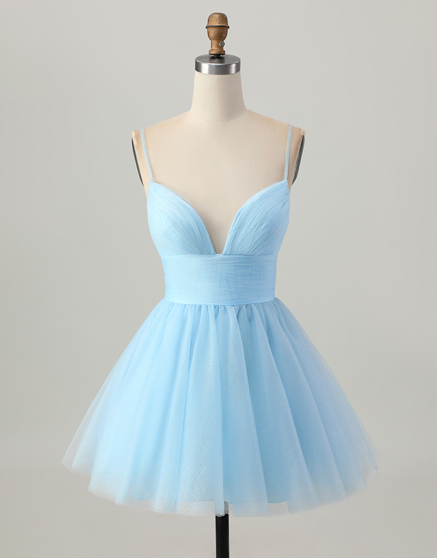 Sky Blue A Line Tulle Spaghetti Straps Short Homecoming Dress