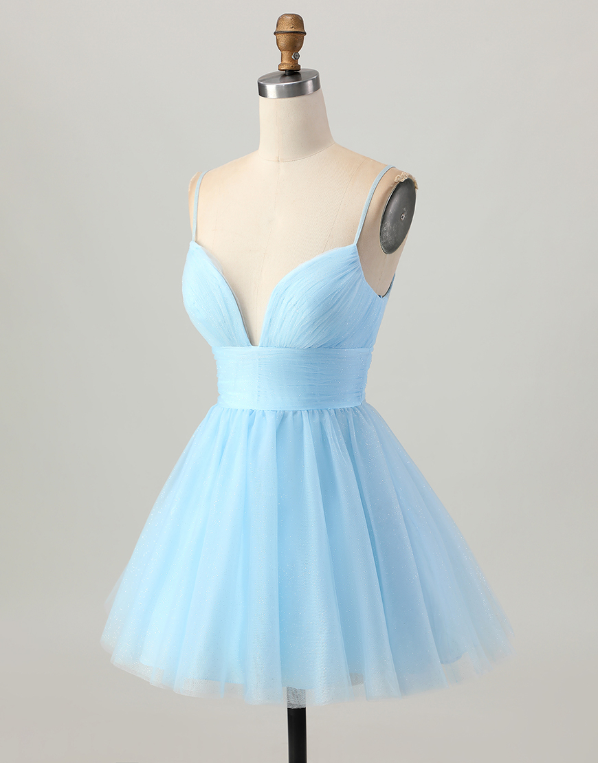 Sky Blue A Line Tulle Spaghetti Straps Short Homecoming Dress