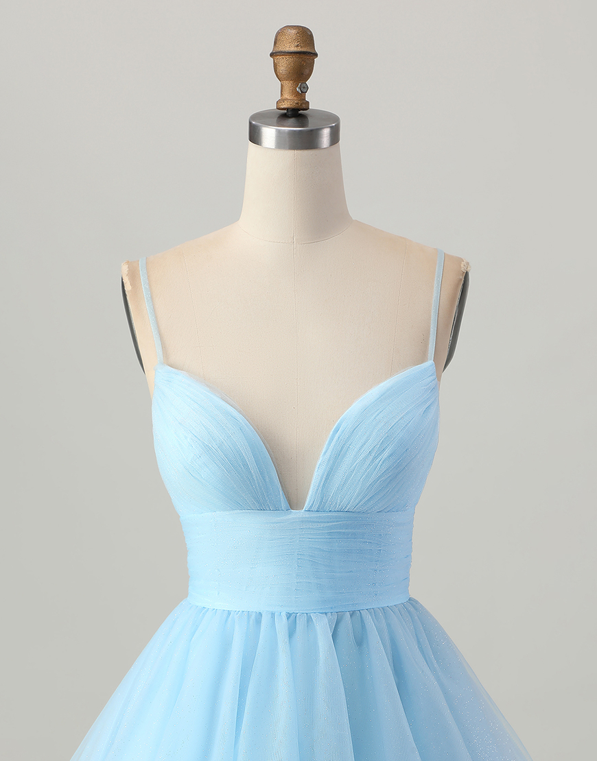 Sky Blue A Line Tulle Spaghetti Straps Short Homecoming Dress
