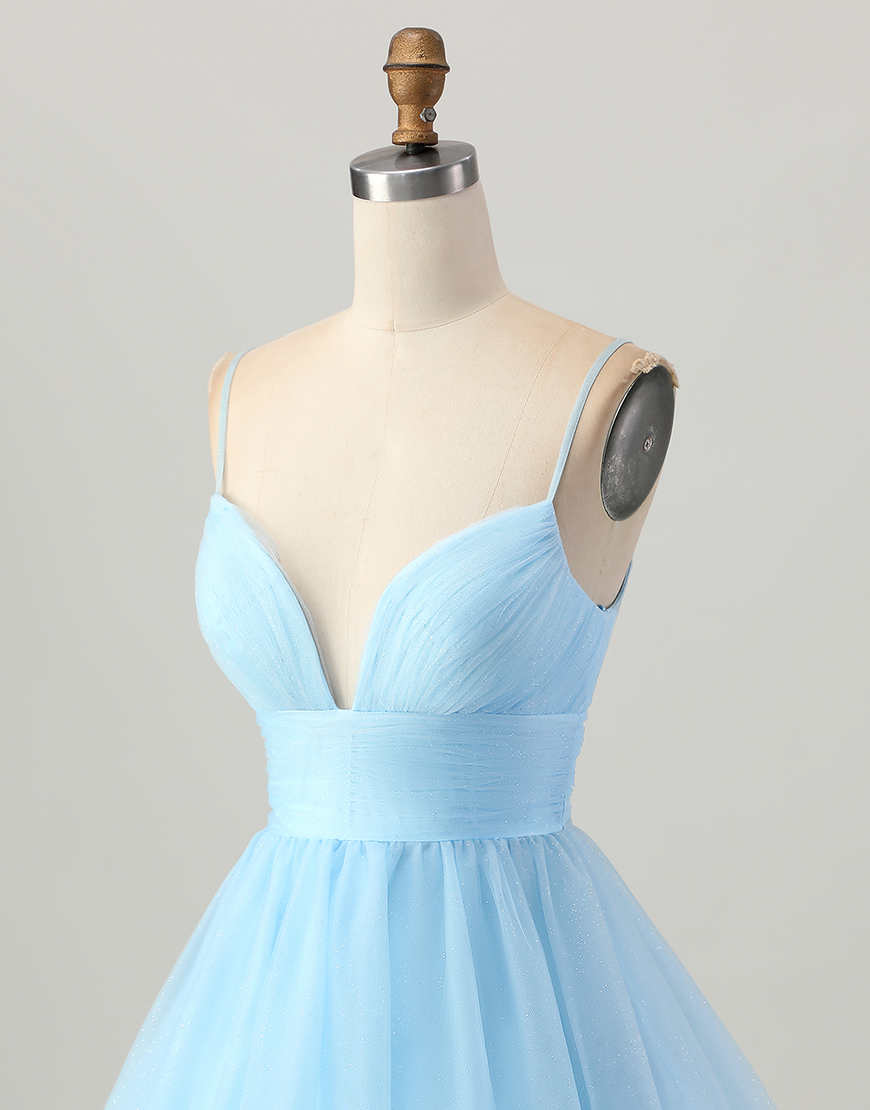 Sky Blue A Line Tulle Spaghetti Straps Short Homecoming Dress
