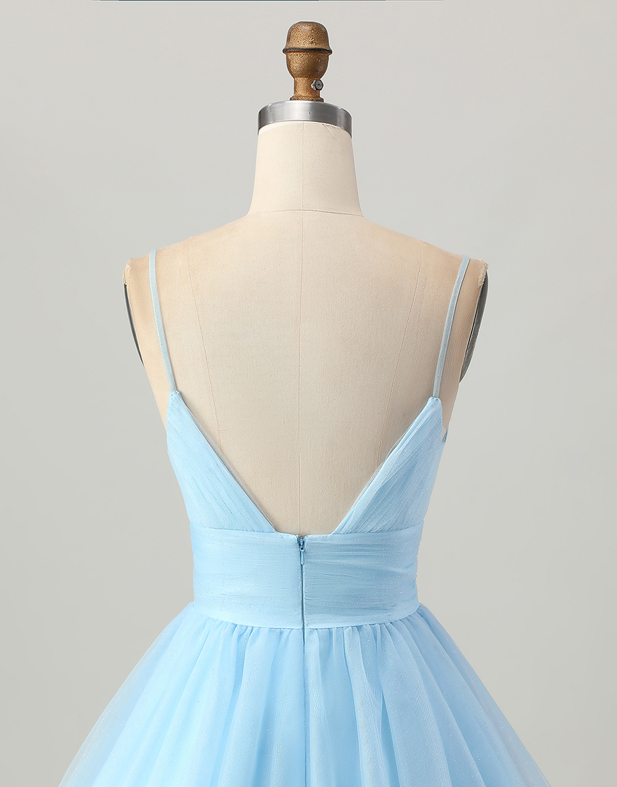 Sky Blue A Line Tulle Spaghetti Straps Short Homecoming Dress