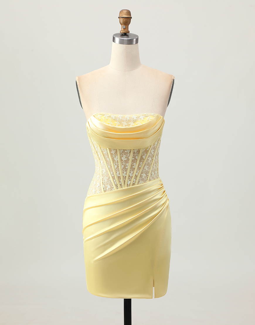 Berlinnova Women Yellow Satin Corset Short Homecoming Dress Strapless Tight Lace Up Back Cocktail Dress with Slit