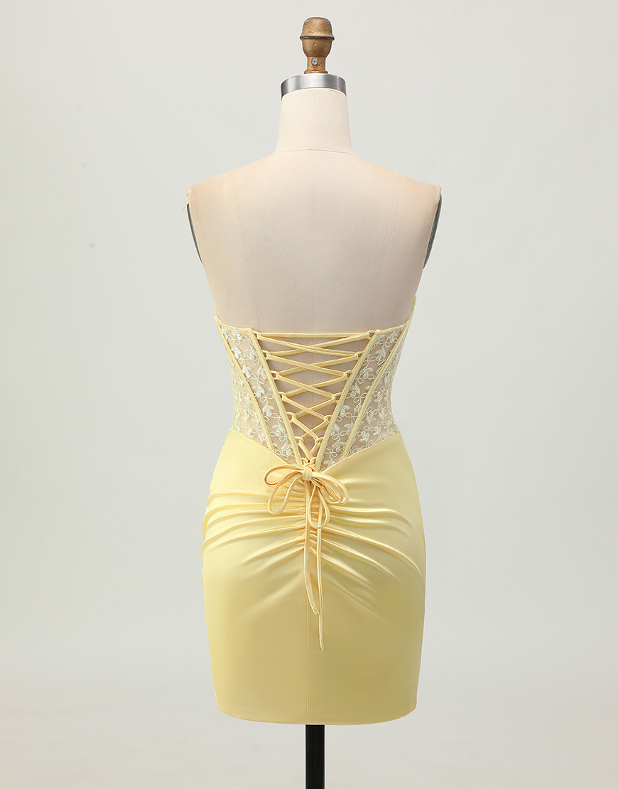 Yellow Strapless Satin Corset Tight Short Homecoming Dress