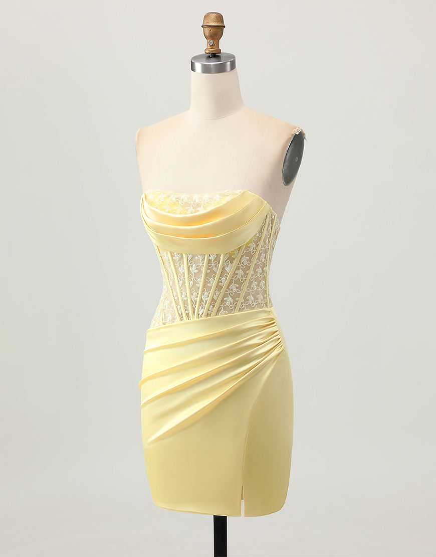 Yellow Strapless Satin Corset Tight Short Homecoming Dress