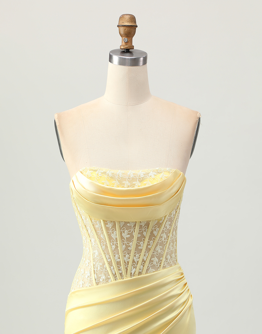 Yellow Strapless Satin Corset Tight Short Homecoming Dress