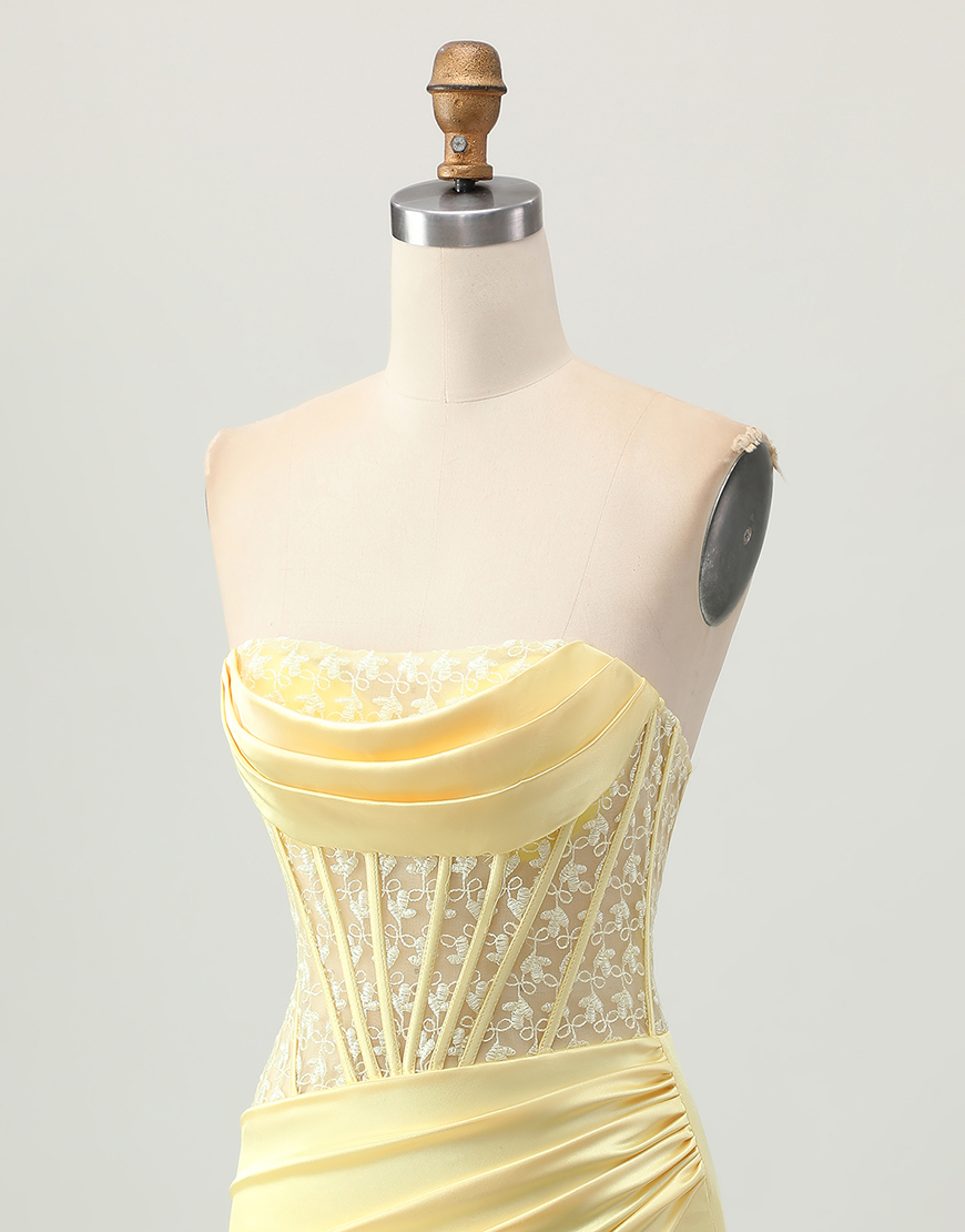 Yellow Strapless Satin Corset Tight Short Homecoming Dress