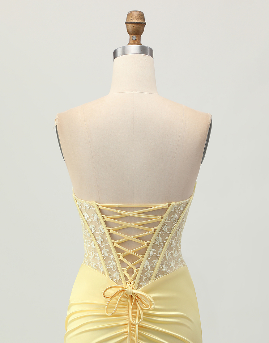 Yellow Strapless Satin Corset Tight Short Homecoming Dress