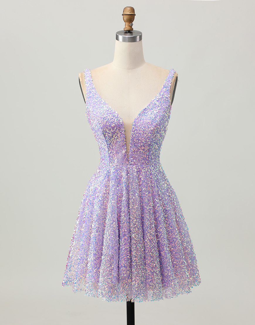 Sparkly Lilac Sequin Deep V-Neck A-Line Short Homecoming Dress