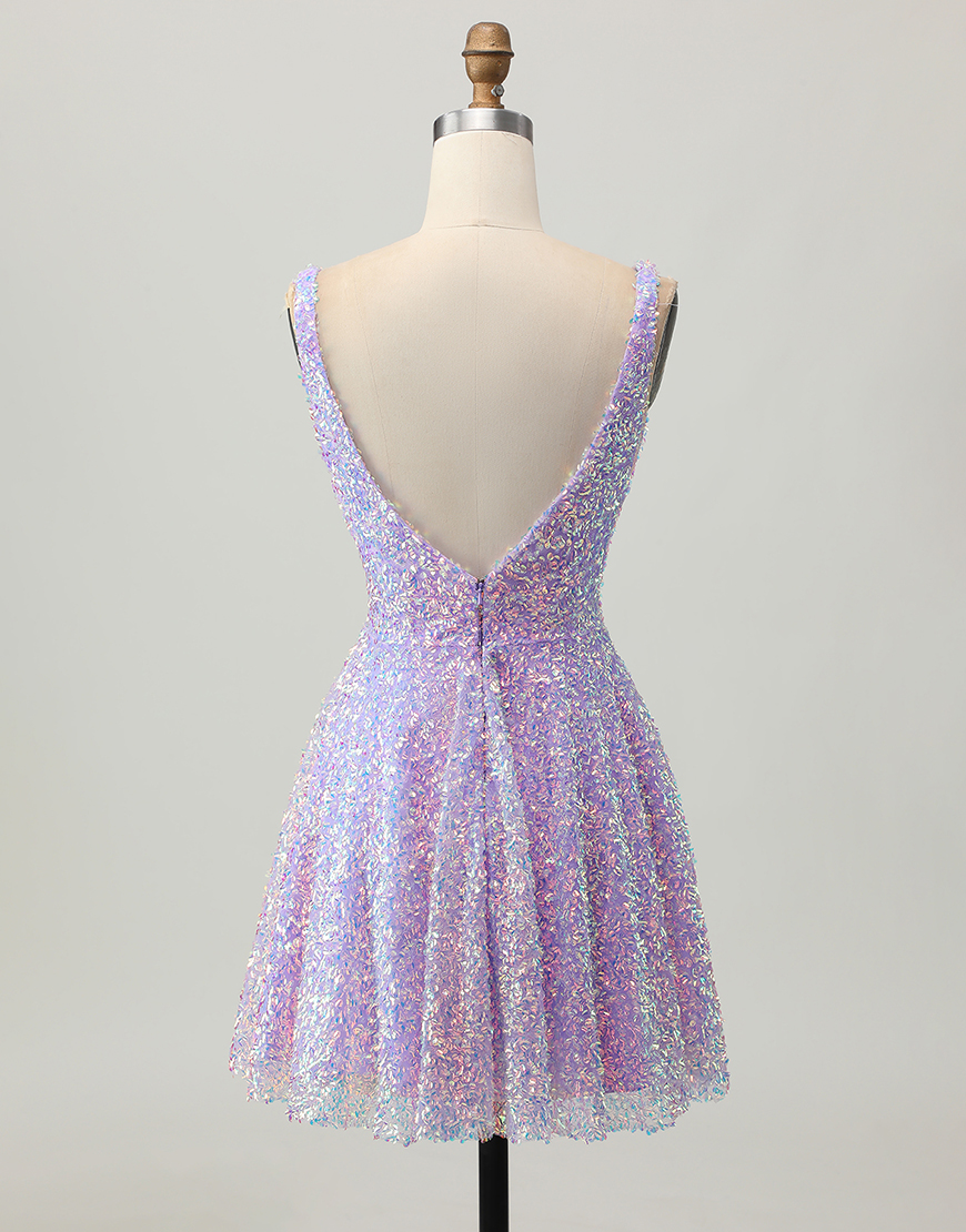Sparkly Lilac Sequin Deep V-Neck A-Line Short Homecoming Dress