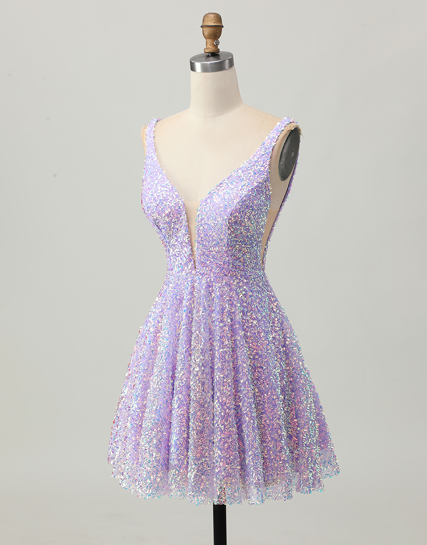 Sparkly Lilac Sequin Deep V-Neck A-Line Short Homecoming Dress