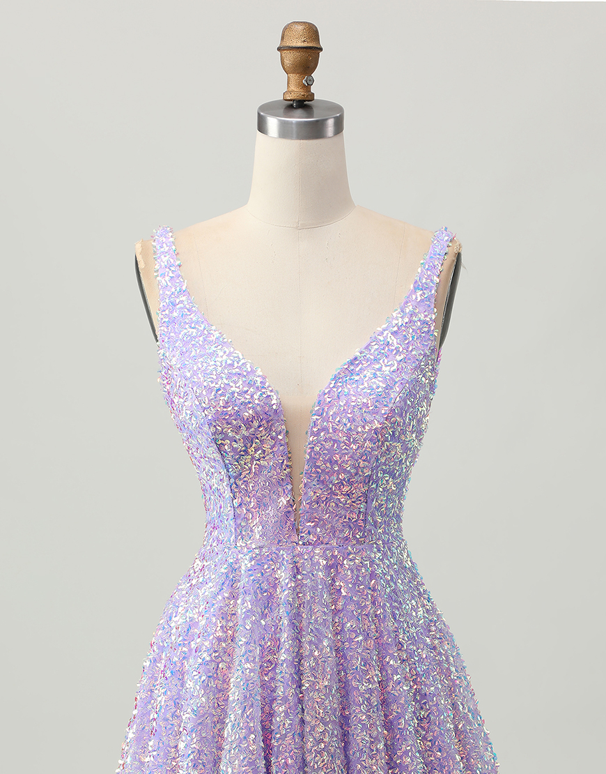 Sparkly Lilac Sequin Deep V-Neck A-Line Short Homecoming Dress