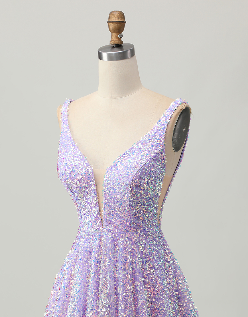 Sparkly Lilac Sequin Deep V-Neck A-Line Short Homecoming Dress
