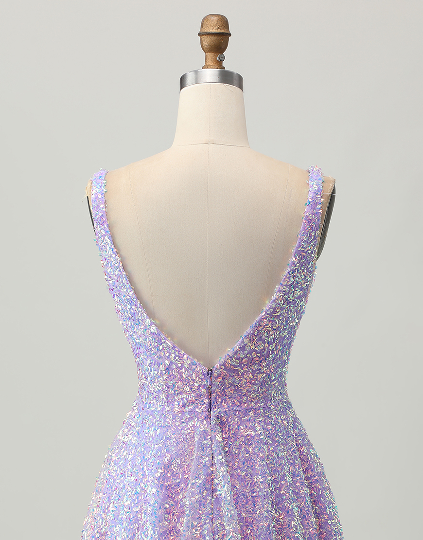 Sparkly Lilac Sequin Deep V-Neck A-Line Short Homecoming Dress