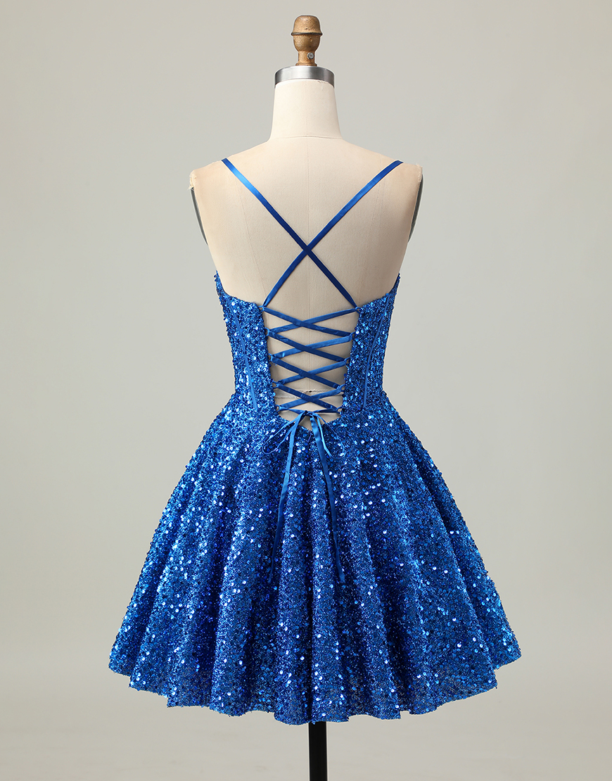 Sparkly Dark Blue Spaghetti Straps Corset Sequin A Line Short Homecoming Dress