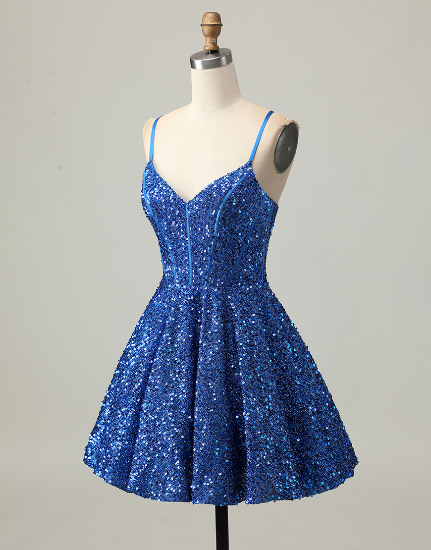 Sparkly Dark Blue Spaghetti Straps Corset Sequin A Line Short Homecoming Dress