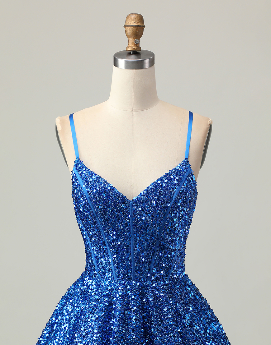 Sparkly Dark Blue Spaghetti Straps Corset Sequin A Line Short Homecoming Dress