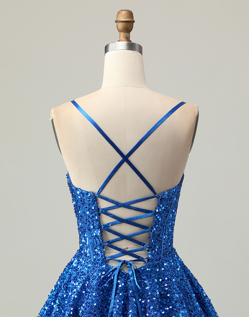 Sparkly Dark Blue Spaghetti Straps Corset Sequin A Line Short Homecoming Dress