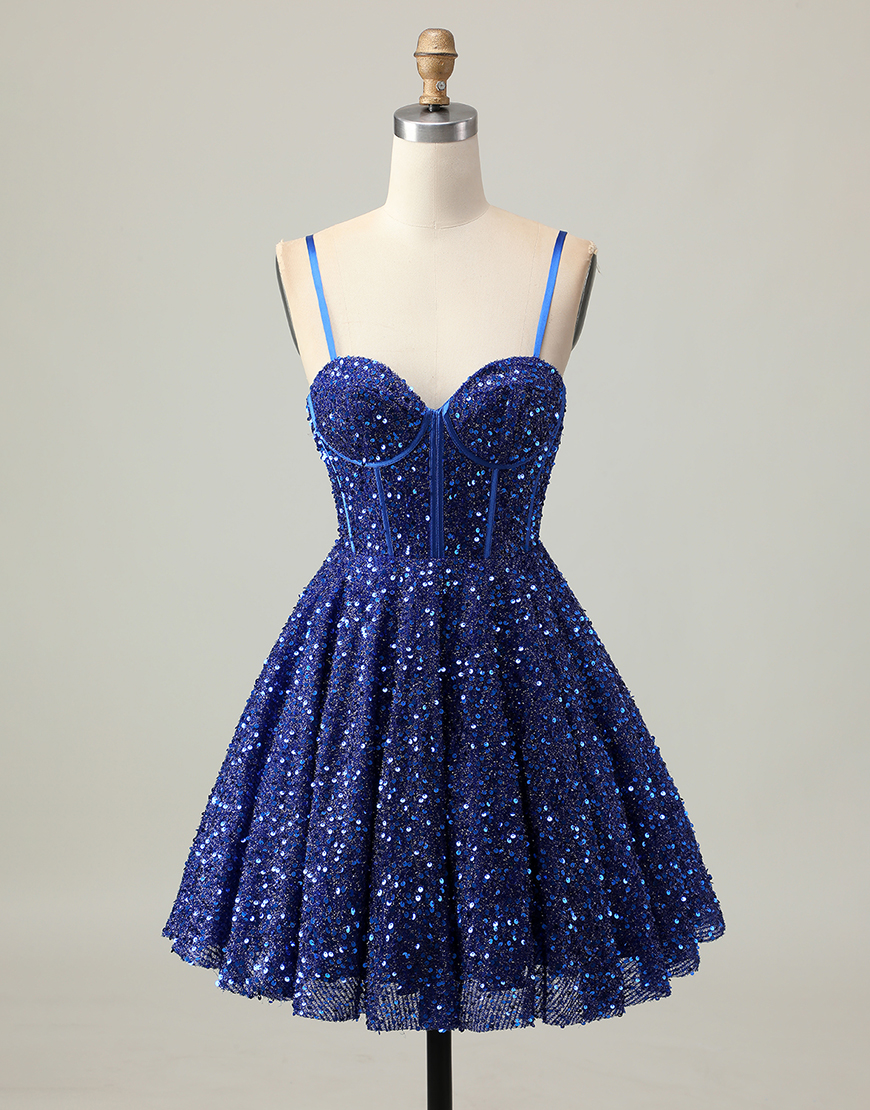 Sparkly Dark Blue Sequin A Line Corset Short Homecoming Dress