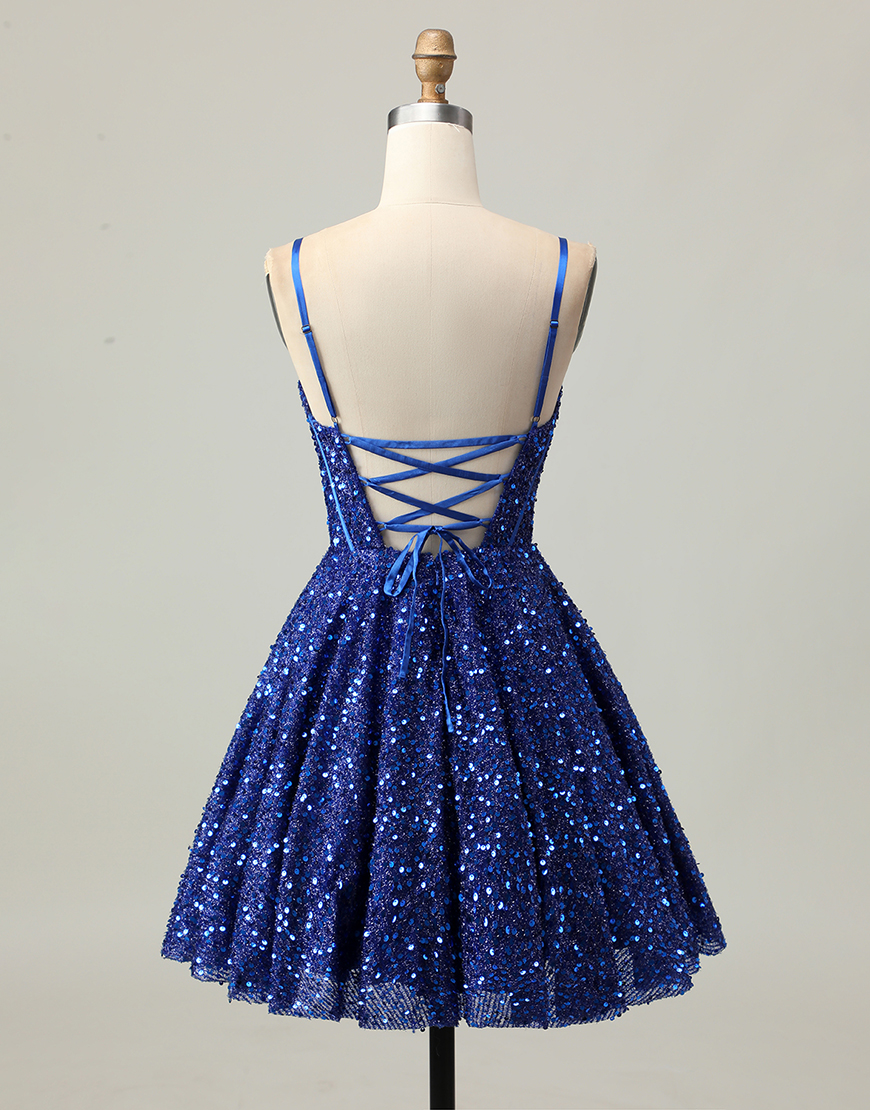 Sparkly Dark Blue Sequin A Line Corset Short Homecoming Dress