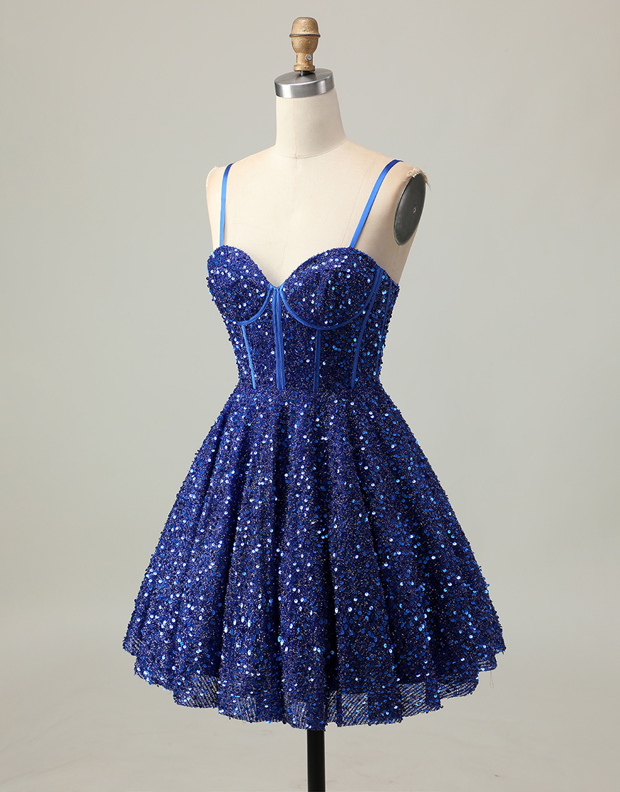 Sparkly Dark Blue Sequin A Line Corset Short Homecoming Dress